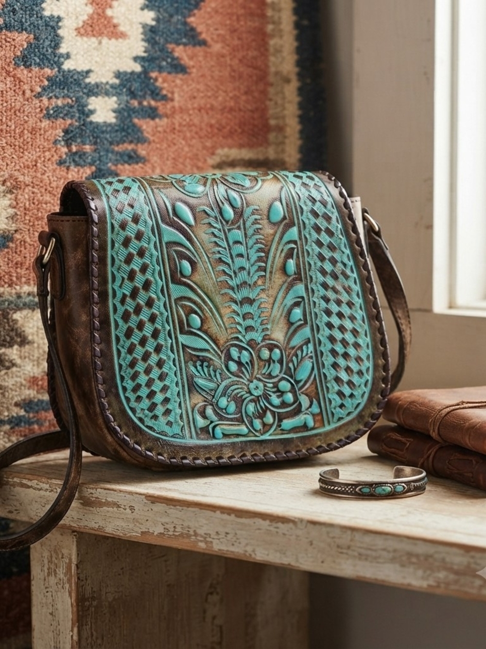 Patricia Nash Turquoise and Brown Hand-Tooled Floral Crossbody